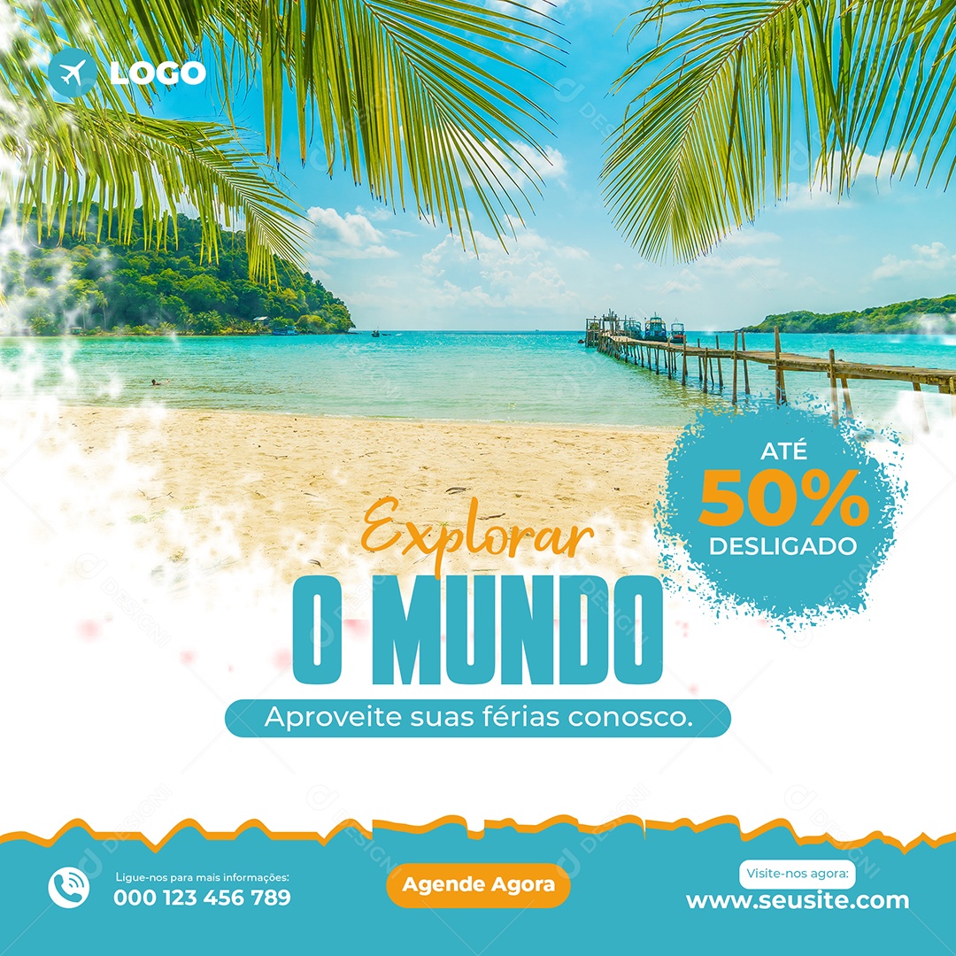 Explorar o Mundo Até 50% Viagem Social Media PSD Editável
