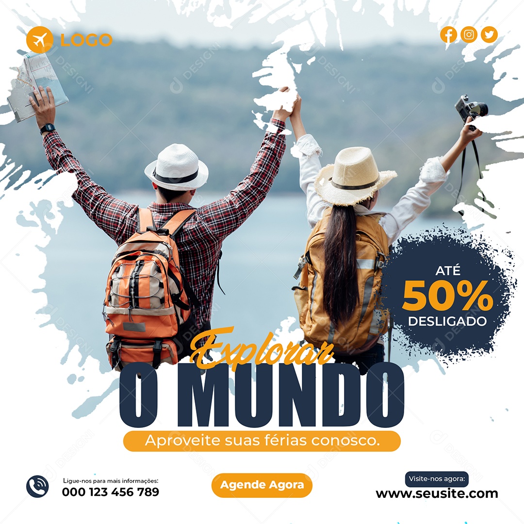 Explorar o Mundo Até 50% Viagem Social Media PSD Editável