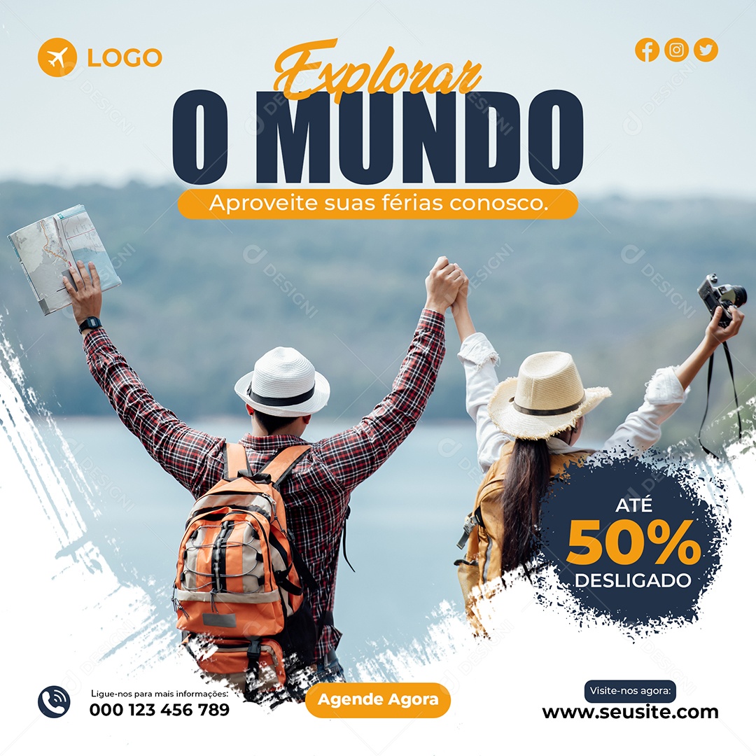 Explorar o Mundo Até 50% Viagem Social Media PSD Editável