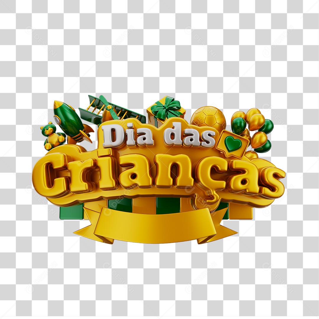 Dia Das Crianças Selo 3D Verde Dourado e Branco Com Brinquedos Infantil PNG Transparente