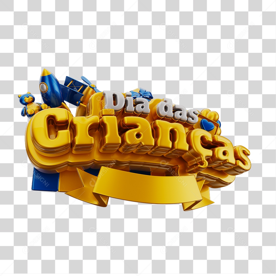 Dia Das Crianças Selo 3D Azul Dourado e Branco Com Brinquedos Infantil PNG Transparente