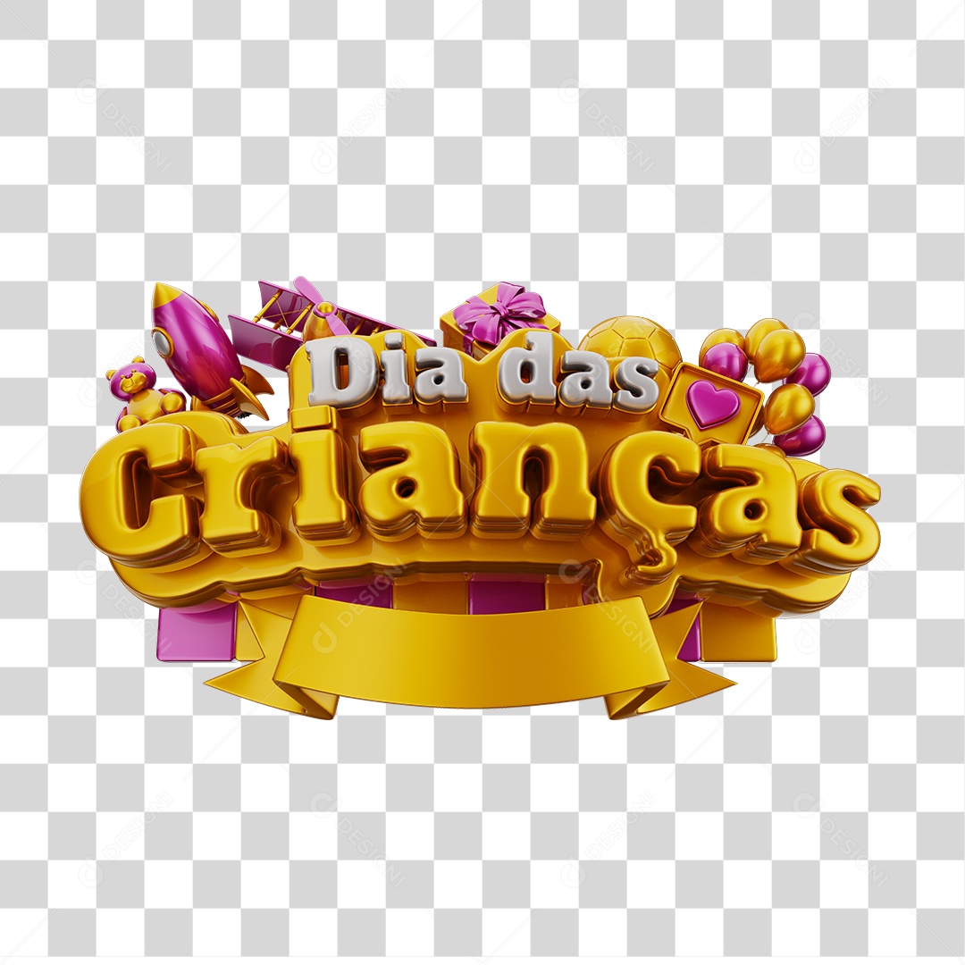 Dia Das Crianças Selo 3D Rosa Dourado e Branco Com Brinquedos Infantil PNG Transparente