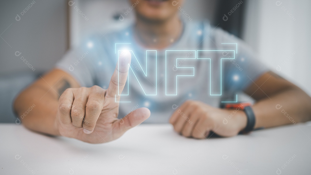 Conceito de tecnologia blockchain de arte de criptografia digital de token não fungível NFT.