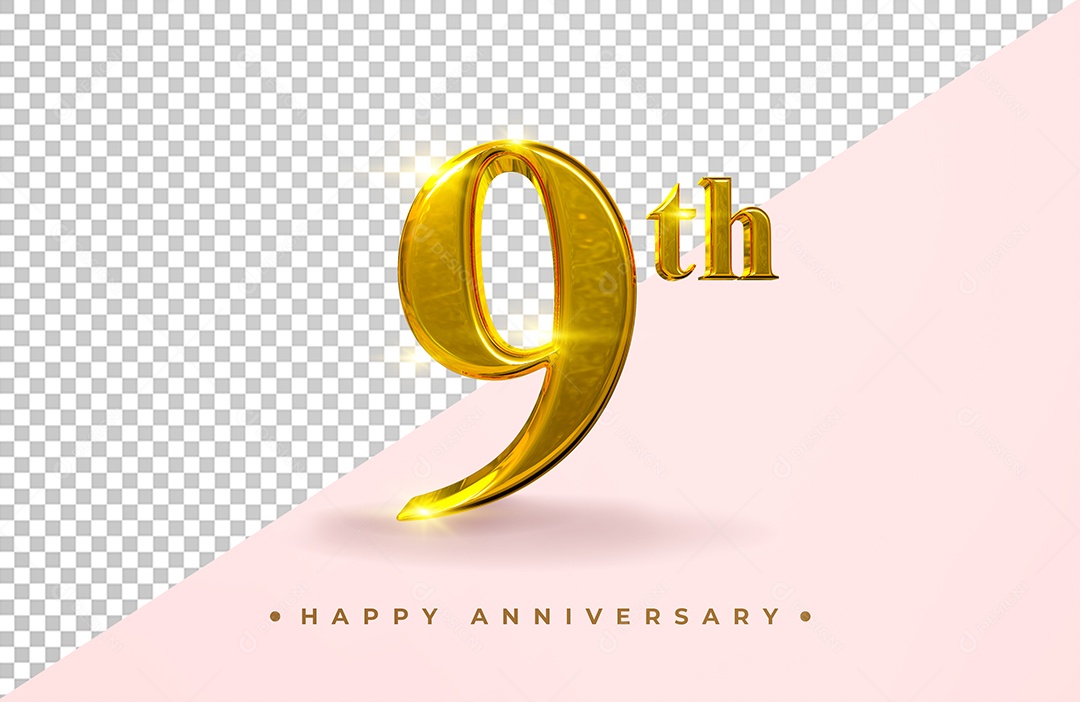 Número 3D 9 nono Lugar Dourado para Composição PSD