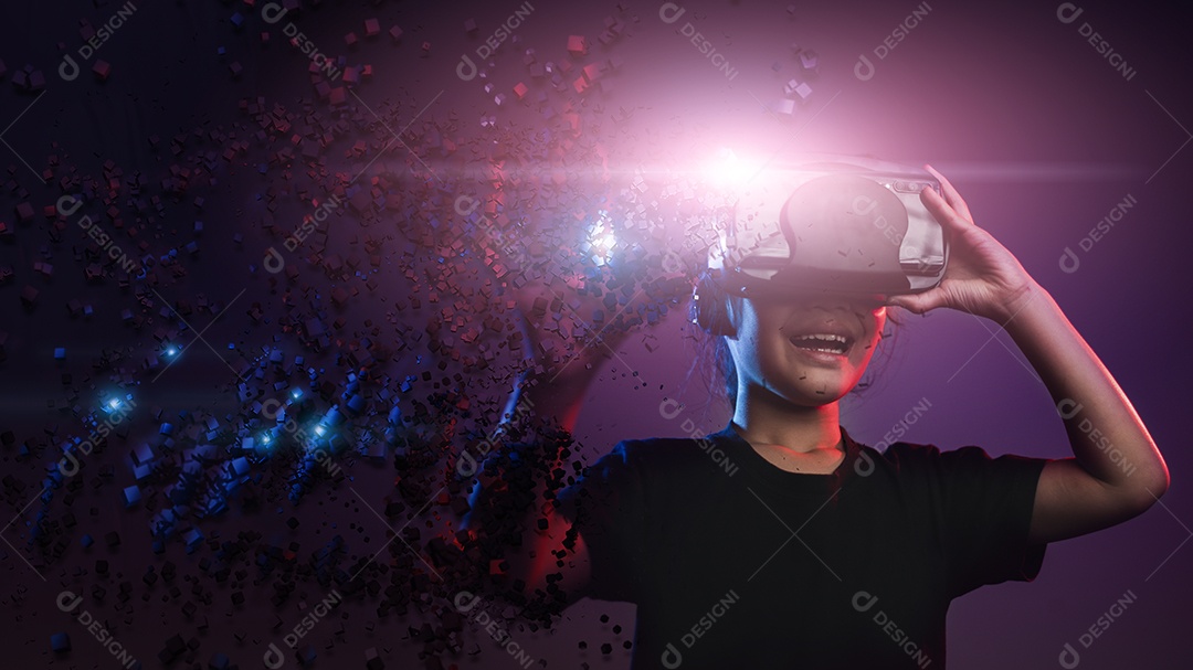 Happy girl in virtual reality glasses. augmented reality