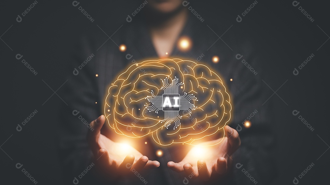 Conceito de tecnologia AI na tela virtual mãos de mulher