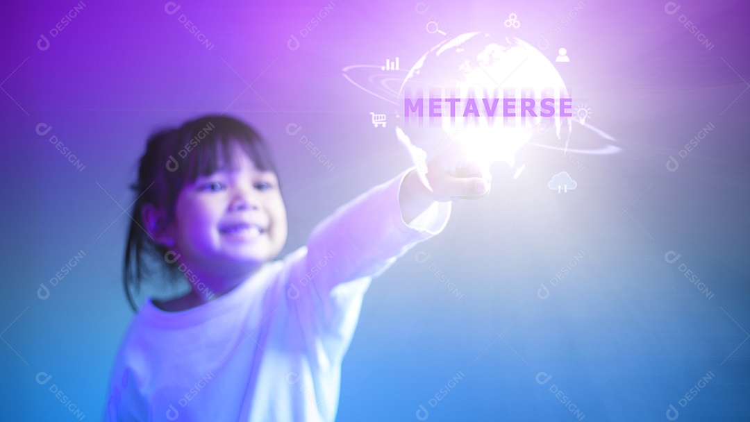 Conceitos de tecnologia do metaverso. Menina e experiências