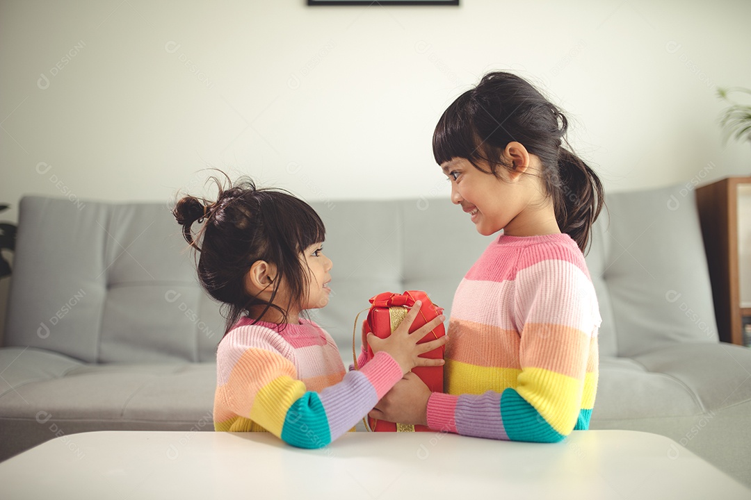 Feliz Natal irmãs felizes com um presente em casa