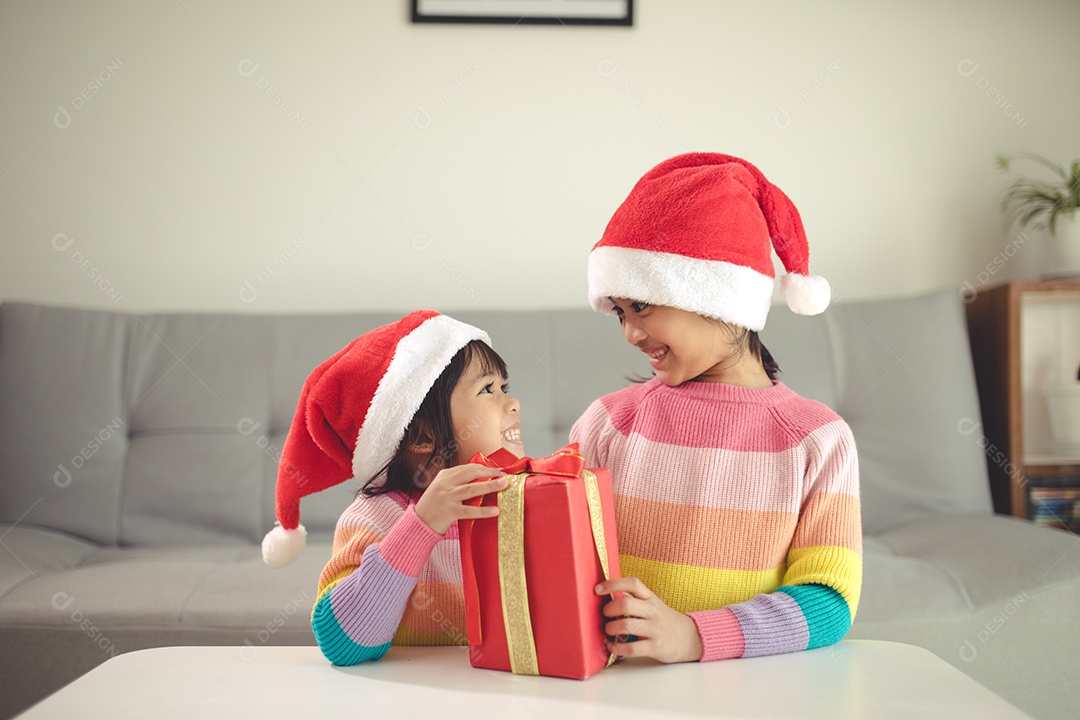 Feliz Natal irmãs felizes com um presente em casa
