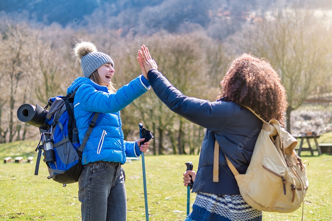 Alegres caminhantes engraçados satisfeitos segurando as mãos rindo e felizes