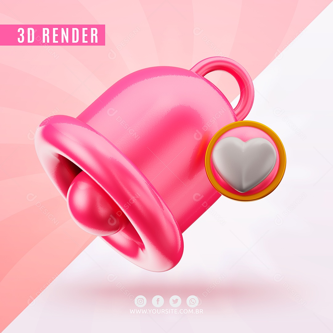 Elemento 3D Para Composição Sino Rosa Com Ícone De Coração PSD