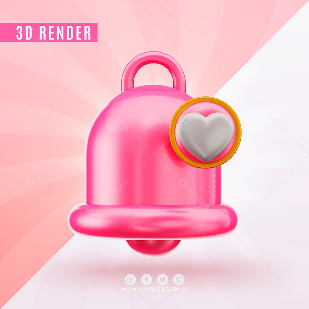 Elemento 3D Para Composição Sino Rosa Com Ícone De Coração PSD