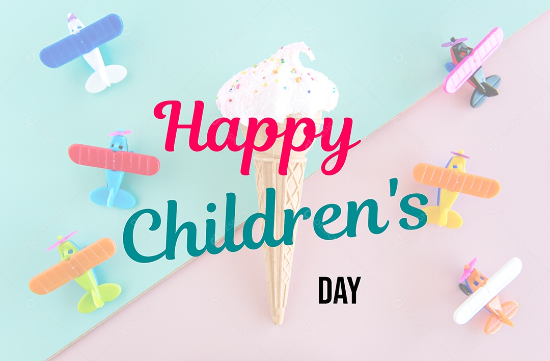 brinquedos de avião de plástico e sorvete seco em fundo verde e rosa