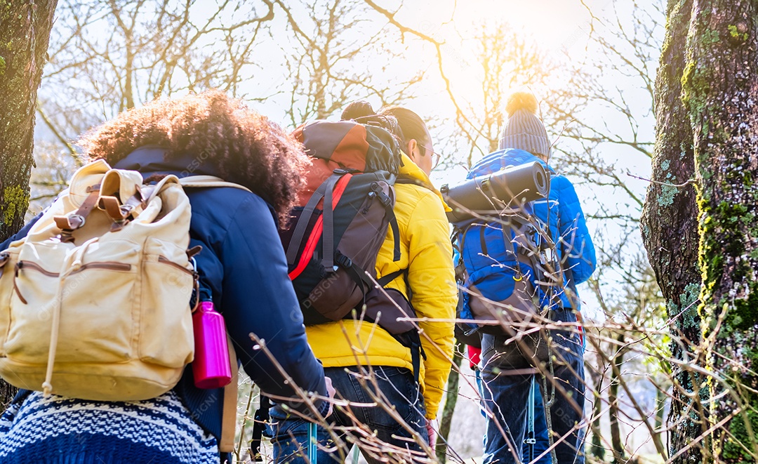Grupo de caminhantes com mochilas caminha nas montanhas