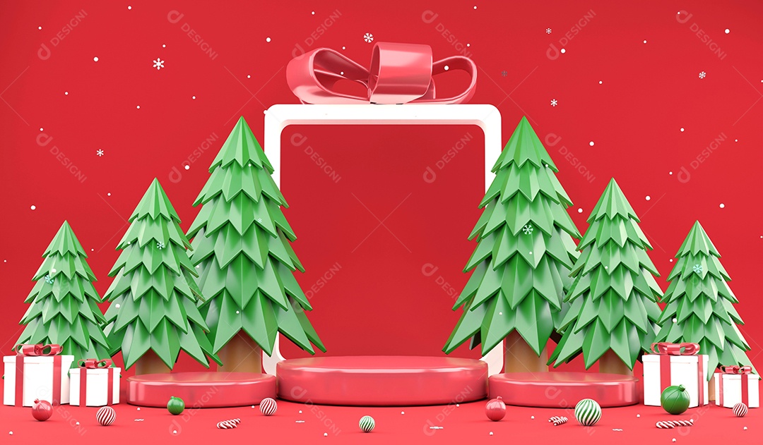 Enfeites de Natal de renderização 3D e três pódios vermelhos em fundo vermelho