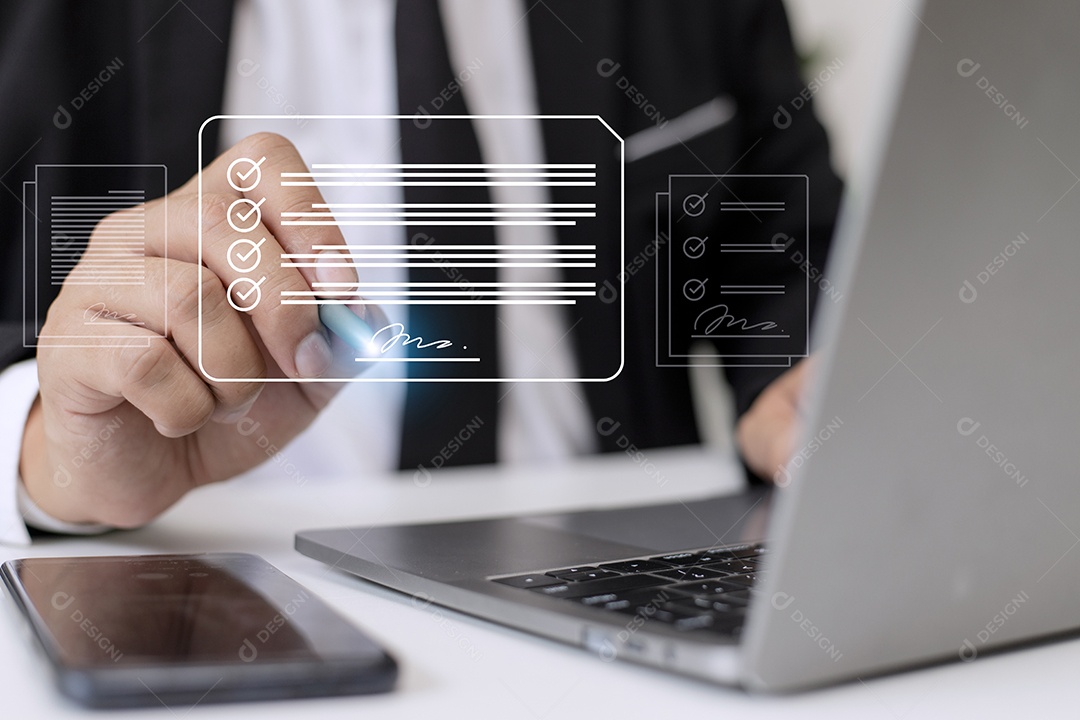 Conceito de assinatura eletrônica, pessoas de negócios assinam eletrônica