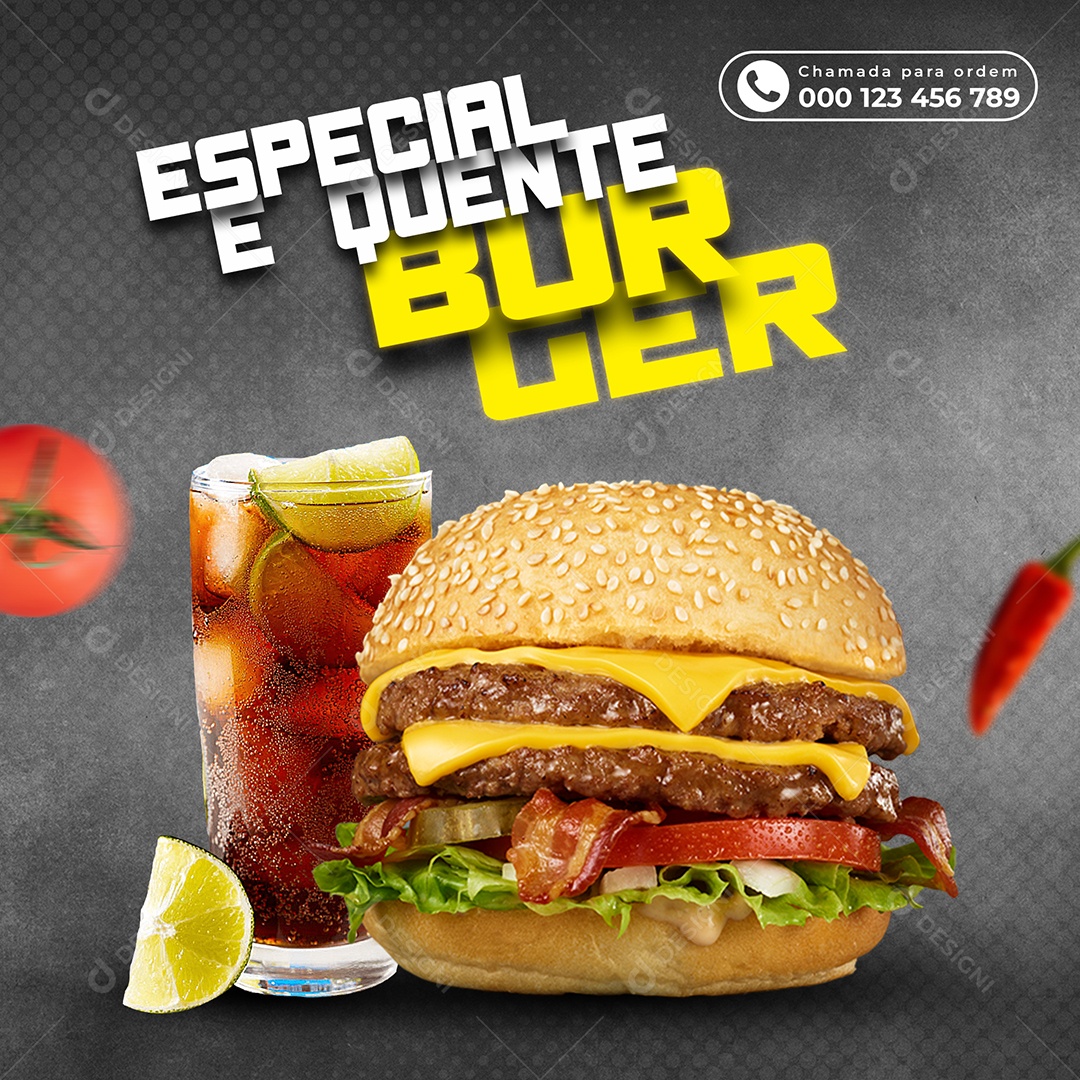 Especial e quente Burger Hambúrgueria Social Media PSD Editável