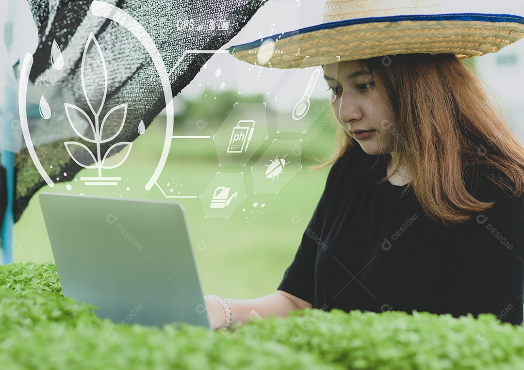 Uma nova geração de mulheres agricultoras com laptop na plantação hidropônica em estufa, fazenda inteligente.