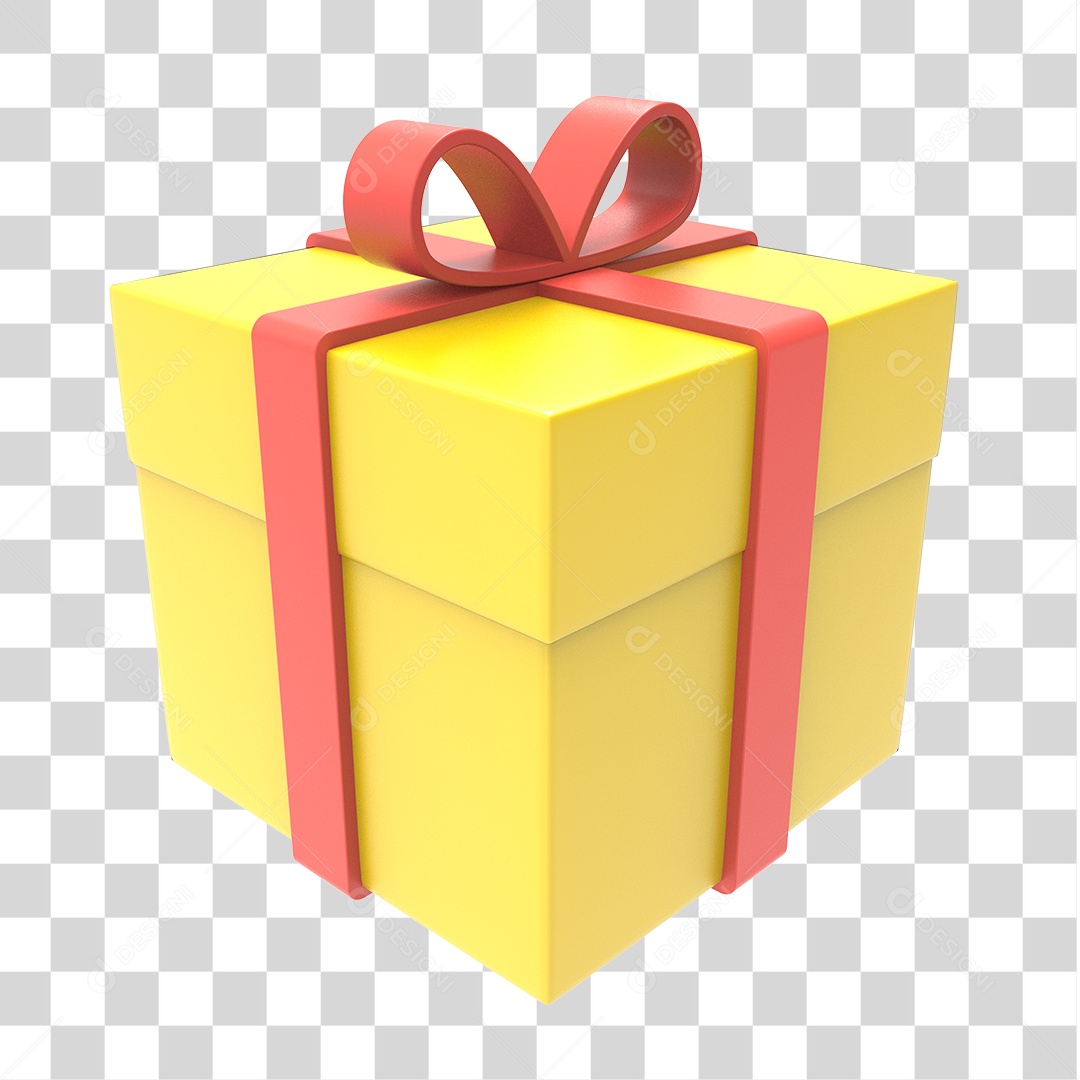 Elemento 3D Caixa de Presente Amarela com Laço Vermelho PNG Transparente Sem Fundo