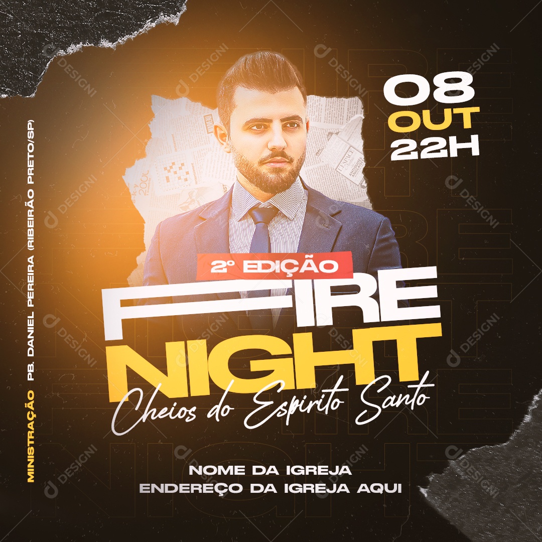 Vem Aí Fire Night Cultos Cheio Do Espirito Santo Social Media PSD Editável