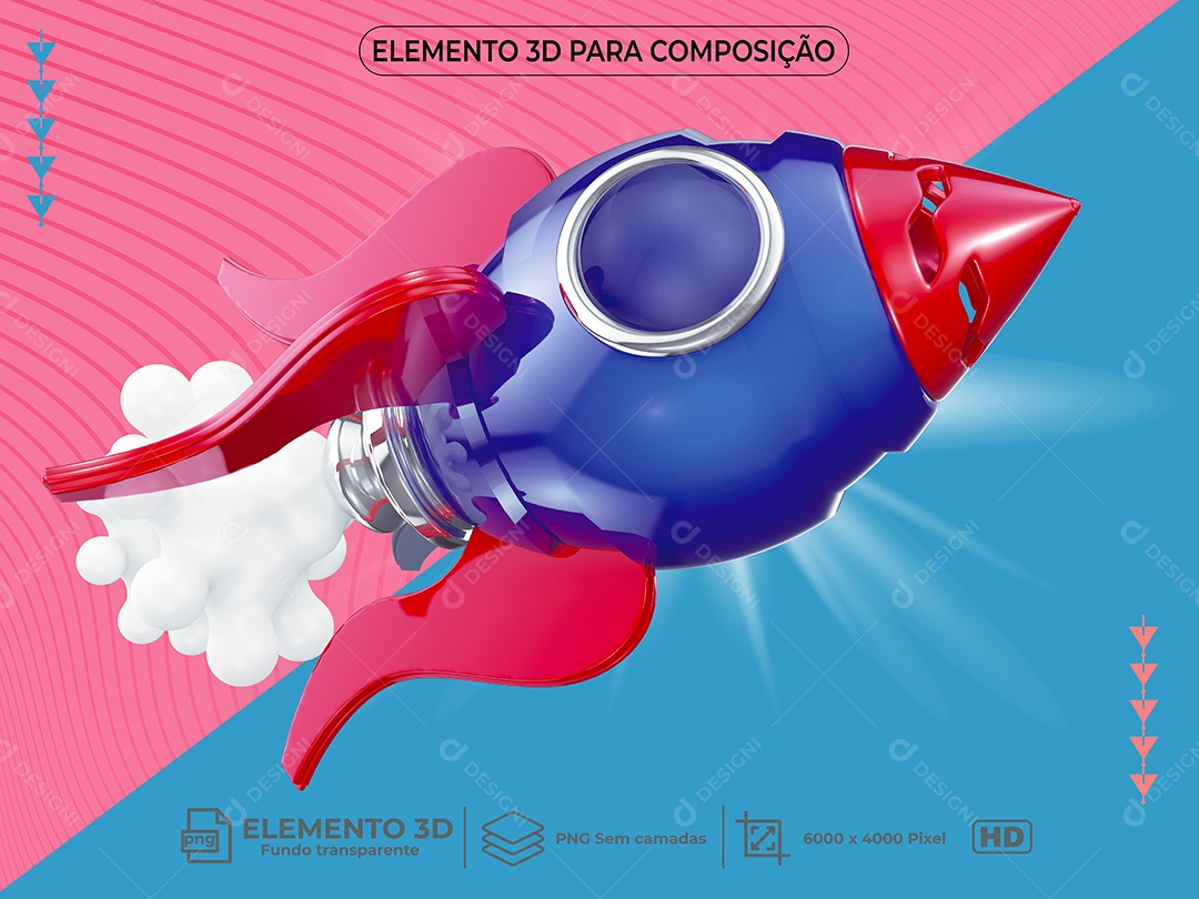 Elemento 3D Foguete Azul e Vermelho PNG Transparente