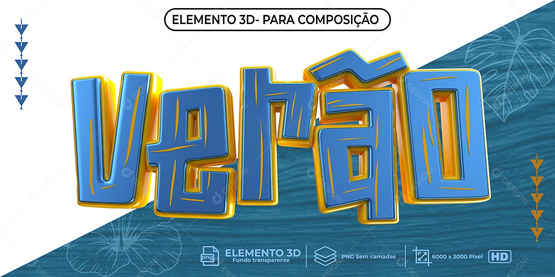 Texto 3D Verão Azul e Amarelo PNG Transparente