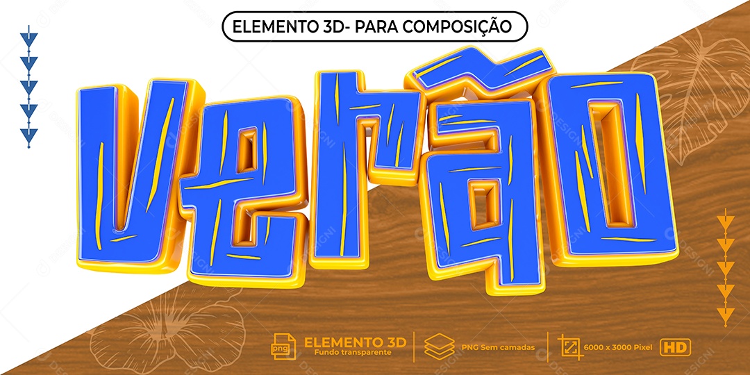 Texto 3D Verão Azul e Amarelo PNG Transparente