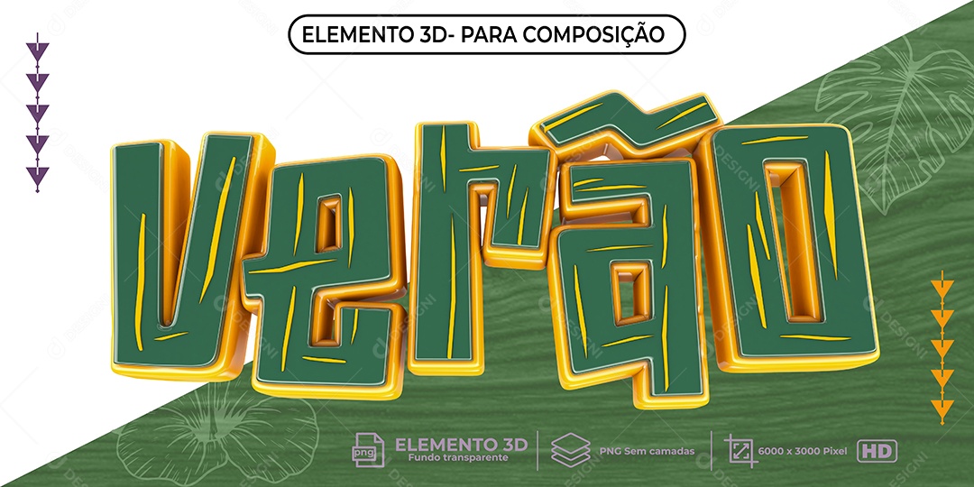 Texto 3D Verão Verde e Amarelo PNG Transparente