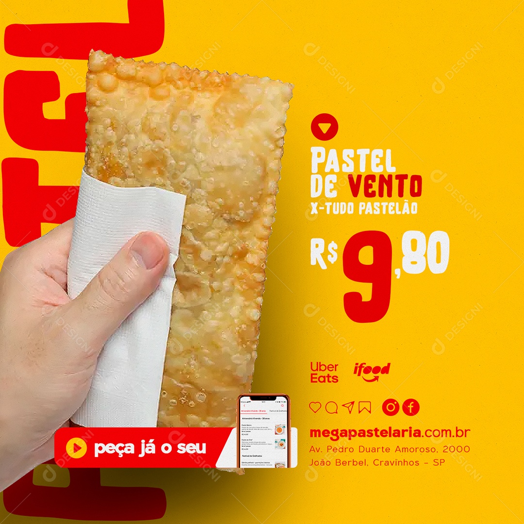 Pastel de Vento X-Tudo Pastelão Pastelaria Social Media PSD Editável