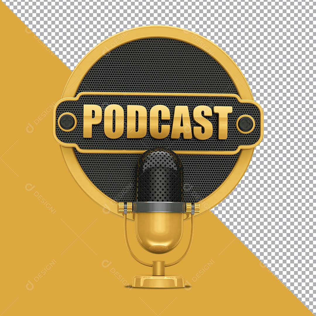 Selo 3D Podcast Com Microfone Dourado PSD
