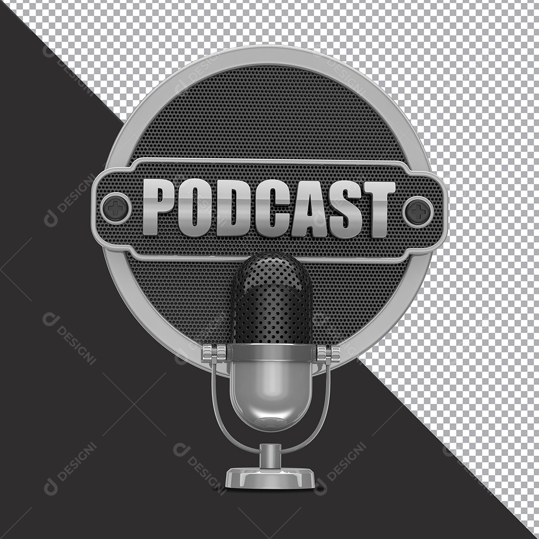 Selo 3D Podcast Com Microfone Cinza PSD