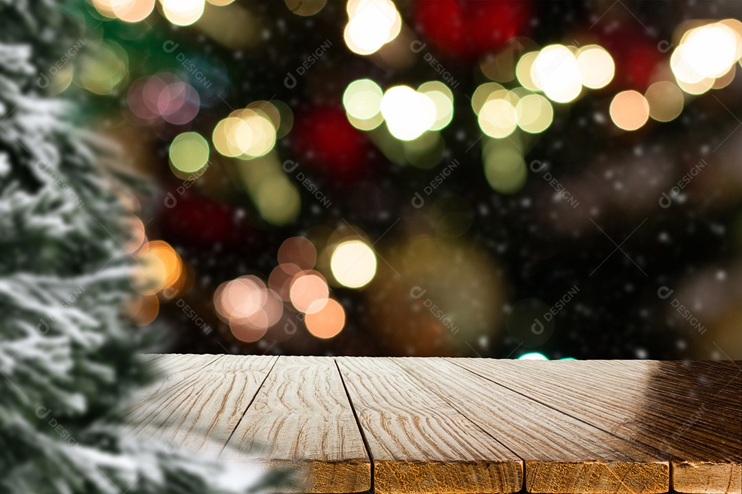 Christmas blurred background with empty wooden table