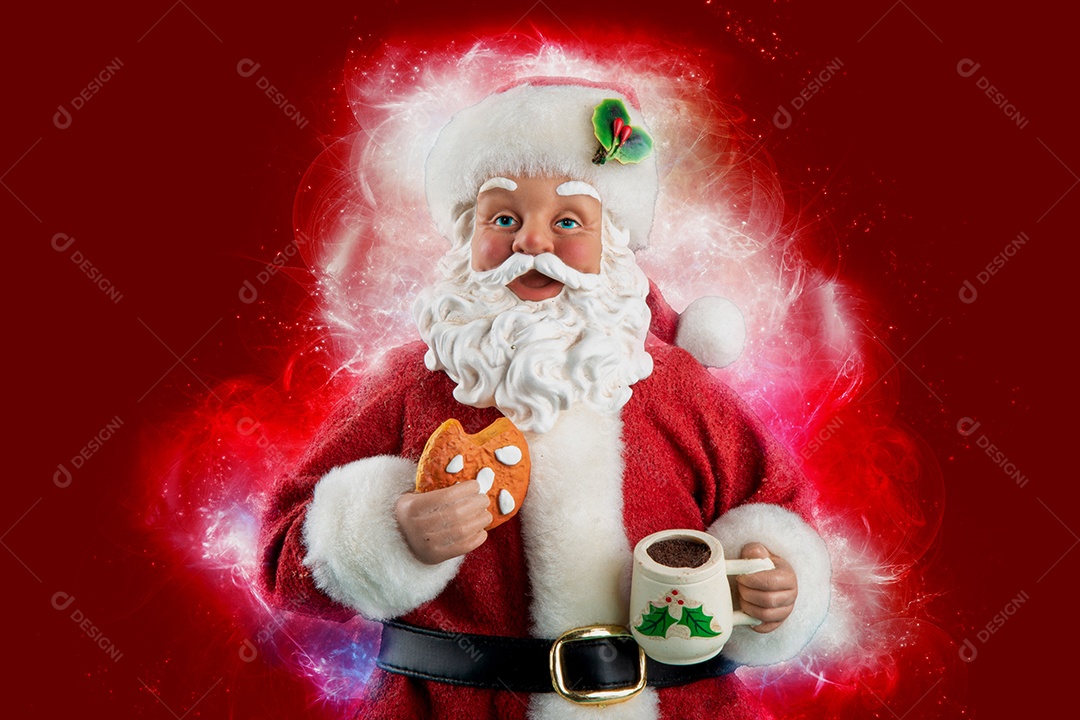 Símbolo tradicional da festa de Natal de Papai Noel com fundo vermelho.