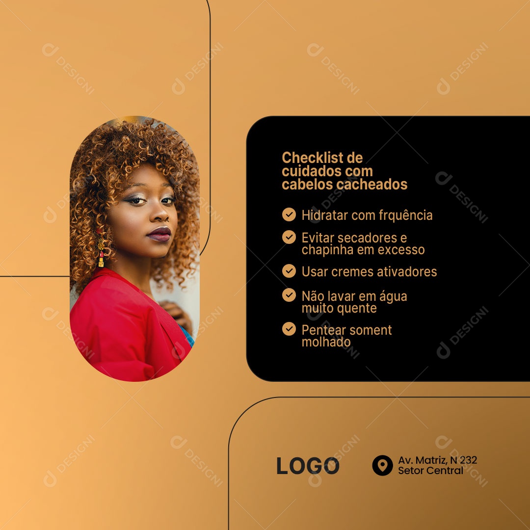 Checklist de Cuidados com Cabelos Cacheados Cabelereira Social Media PSD Editável