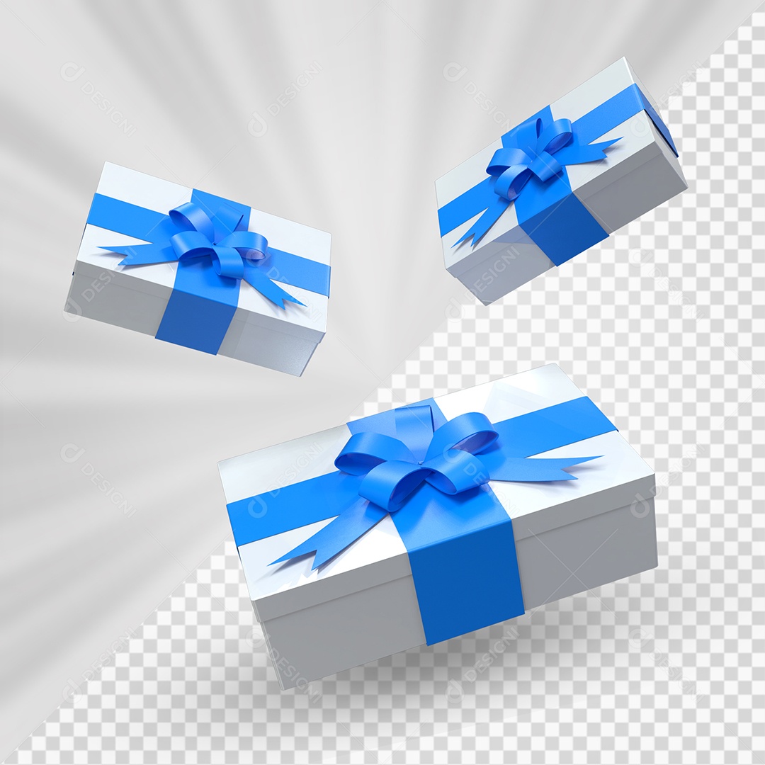 Caixas de Presentes Brancas Com Laço Azul Elemento 3D para Composição PSD
