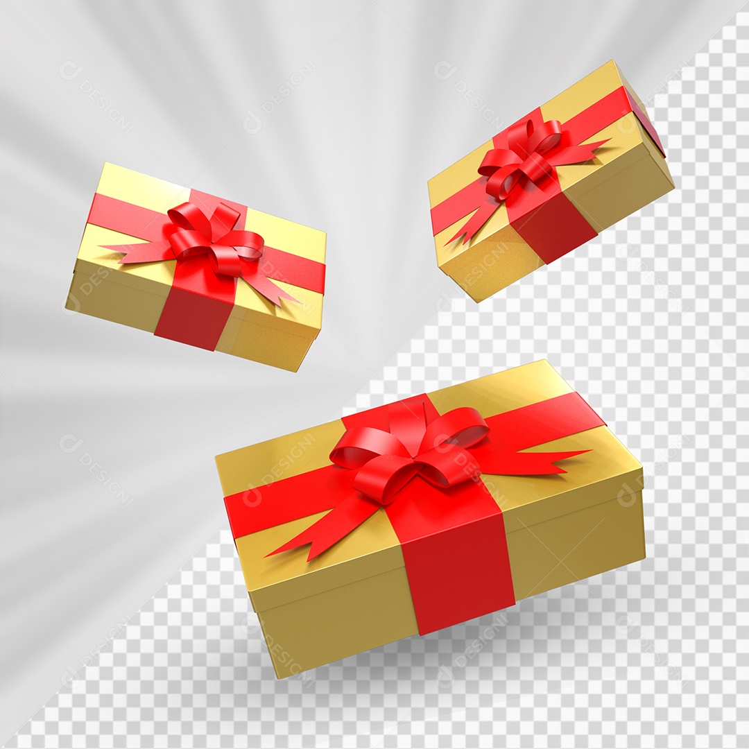 Caixas de Presentes Dourada com Laço Vermelho Elemento 3D para Composição PSD