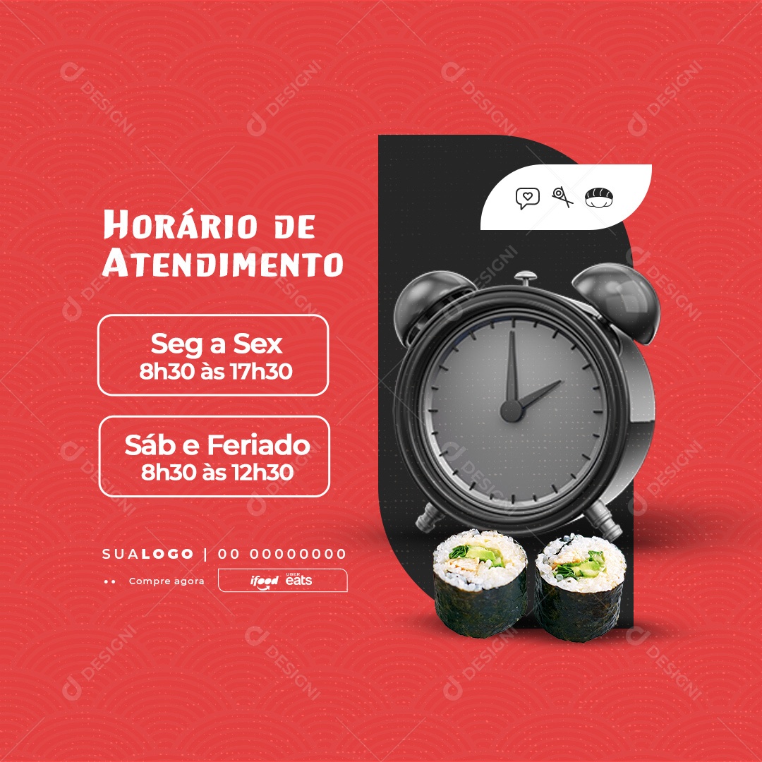 Horário de Atendimento Restaurante Comida Japonesa Sushi Social Media PSD Editável