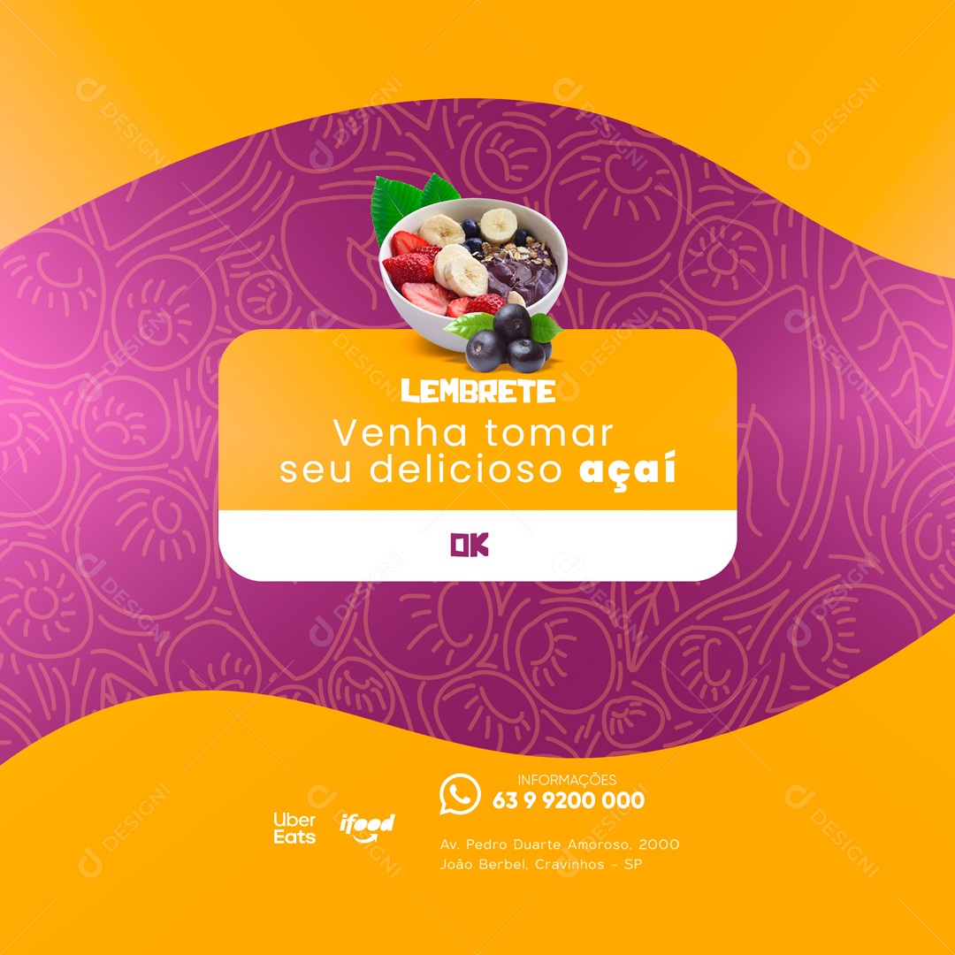 Lembrete Açaiteria Açai Social Media PSD Editável