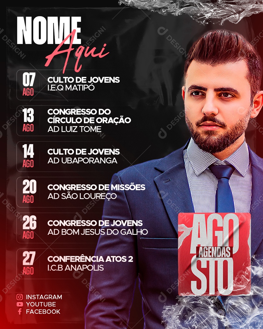 Nome Aqui Agendas Agosto Flyer Gospel Social Media PSD Editável