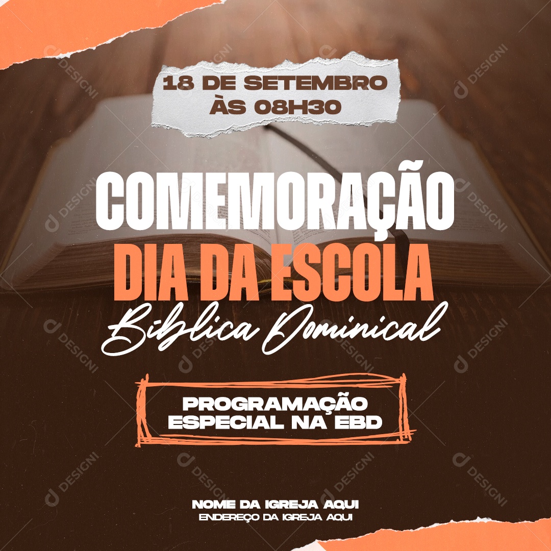 Comemoração Dia da Escola Bíblica Dominical Igreja Social Media PSD Editável