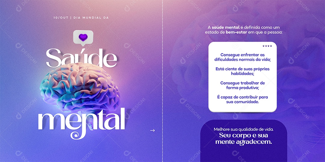Melhore sua Qualidade de Vida Seu Corpo e Sua Mente Dia Da Saúde Mental Carrossel Social Media PSD Editável