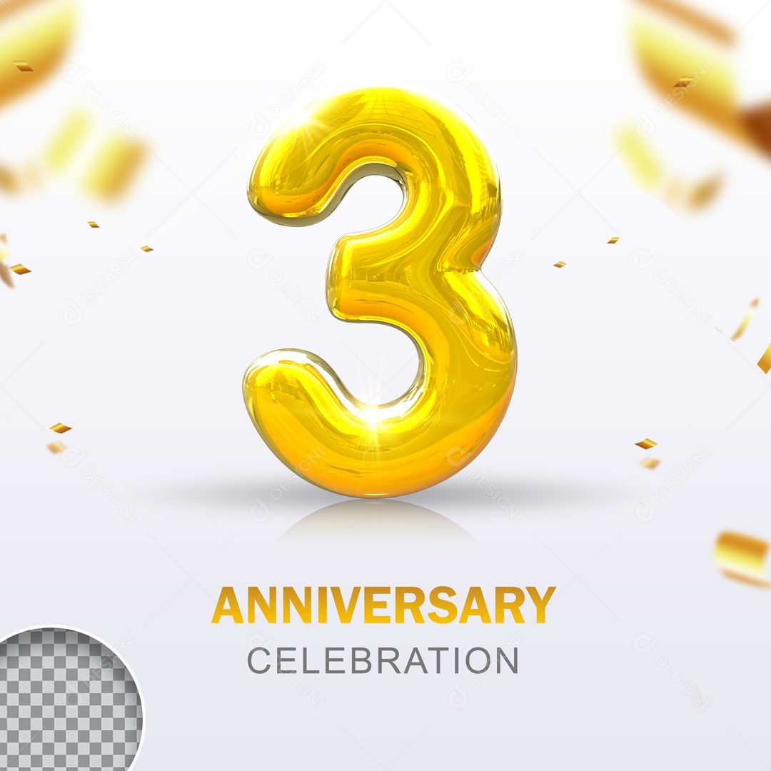 Elemento 3D Dourado Número 3 PSD