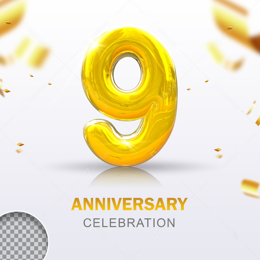 Elemento 3D Dourado Número 9 PSD