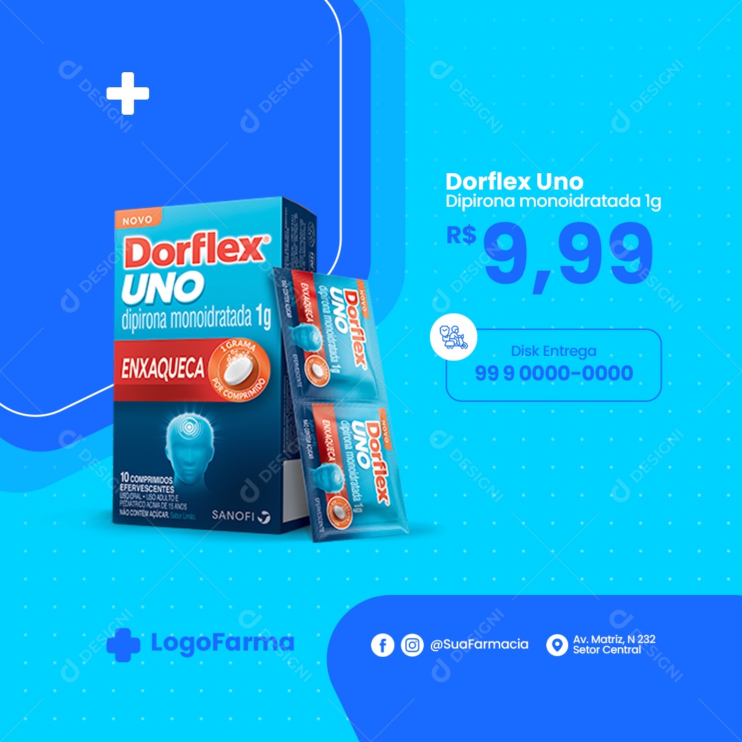 Farmácia Dorflex Uno Dipirona Monoidratada 1g Social Media PSD Editável