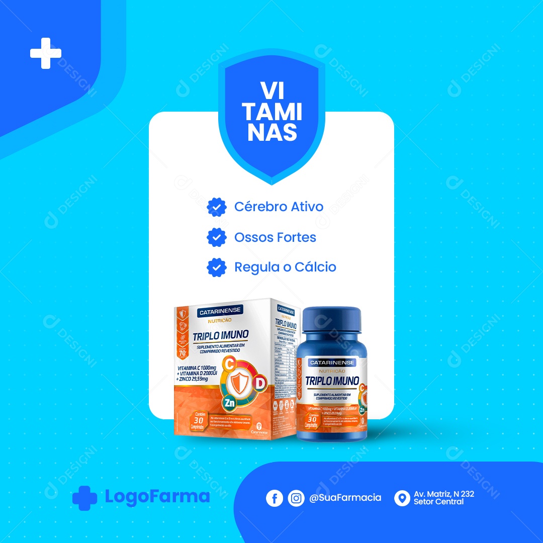 Vitaminas Cérebro Ativo Ossos Forte Regula o Cálcio Farmácia Social Media PSD Editável