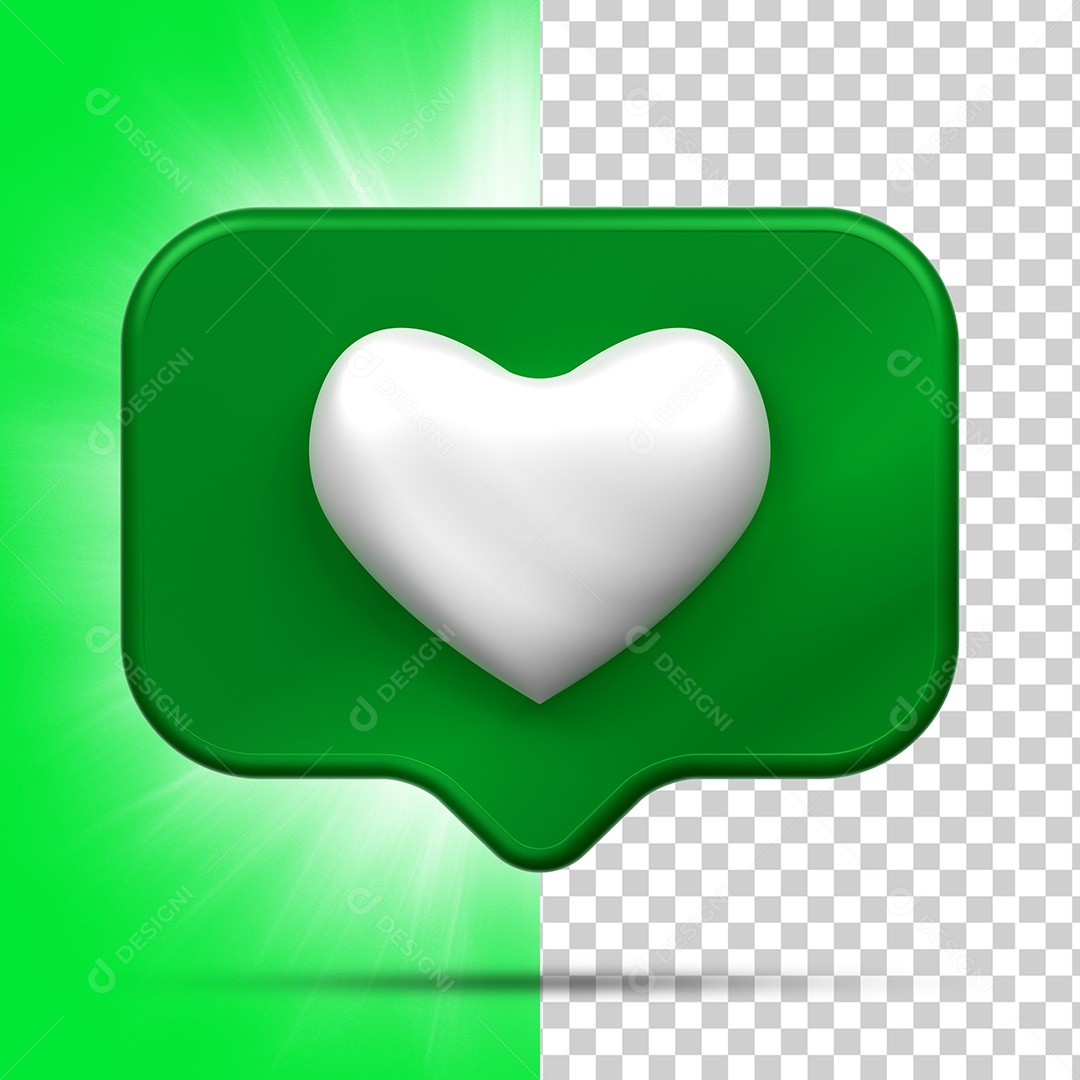 Like do Instagram Verde Escuro com Coração Branco Elemento 3D para Composição