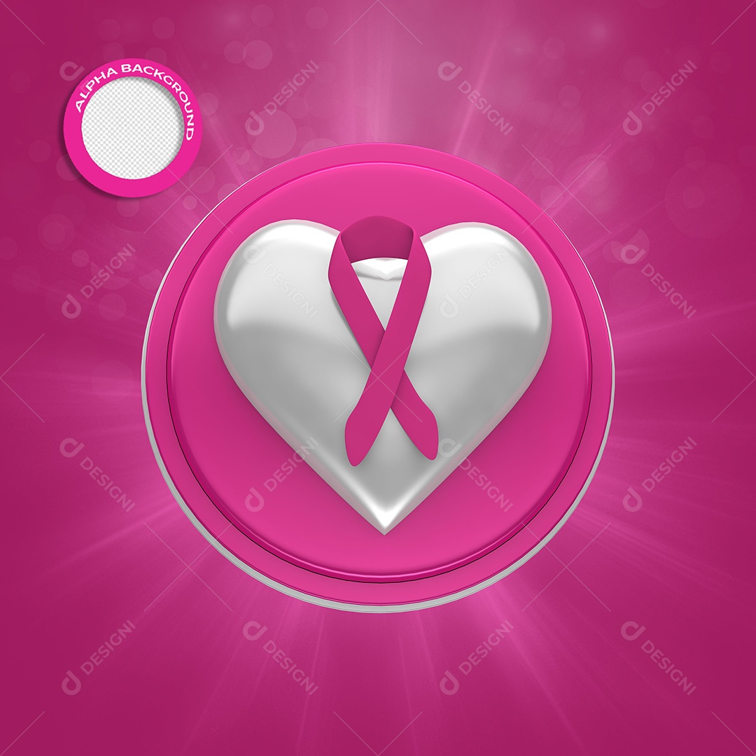 Coração e Fita de Outubro Rosa Elemento 3D Rosa para Composição PSD