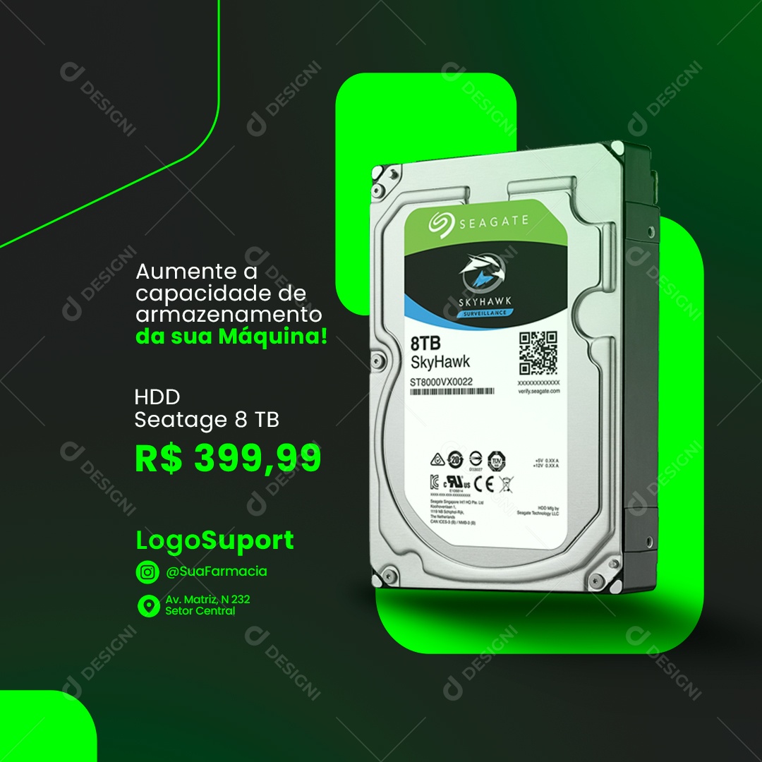 Aumente a Capacidade de Armazenamento HDD Seatage 8 TB Assistência Técnica Social Media PSD Editável