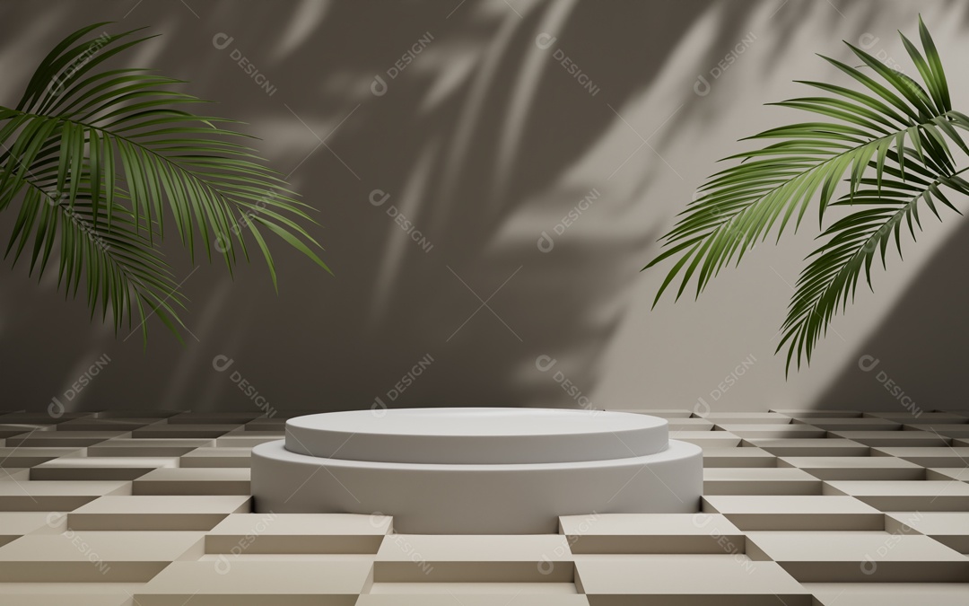 Cenário 3D de Apresentação de Produto Pódio de Plataforma Folhas de Palmeiras