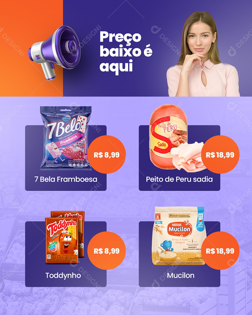 Encarte Preço Baixo é Aqui Supermercado Social Media PSD Editável